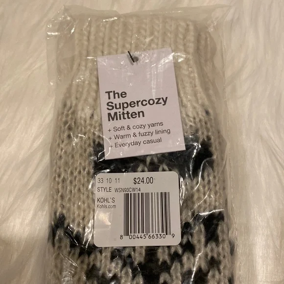 Kohl’s “The Super Cozy Mitten” Creme/Navy with Warm & Fuzzy Lining, One Size NWT - Picture 2 of 6